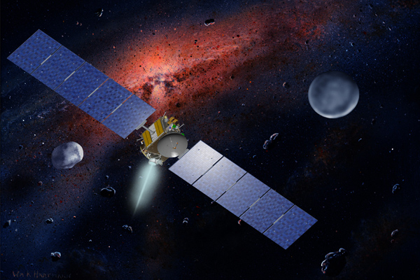 Artist's concept of the Dawn spacecraft with Vesta and Ceres