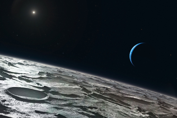 Artist's impression of Triton, showing its tenuous atmosphere just over the limb
