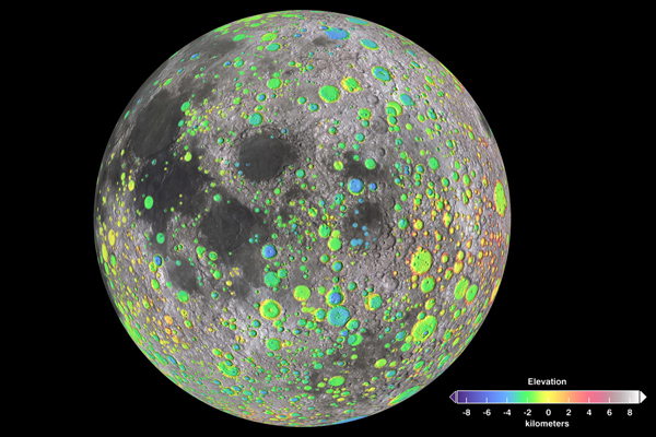 Craters on the Moon, image centered on 70 degrees E.