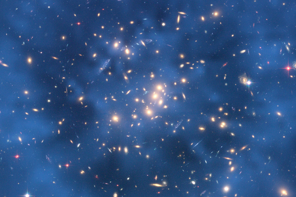 Image of a galaxy cluster, invisible dark matter represented in blue